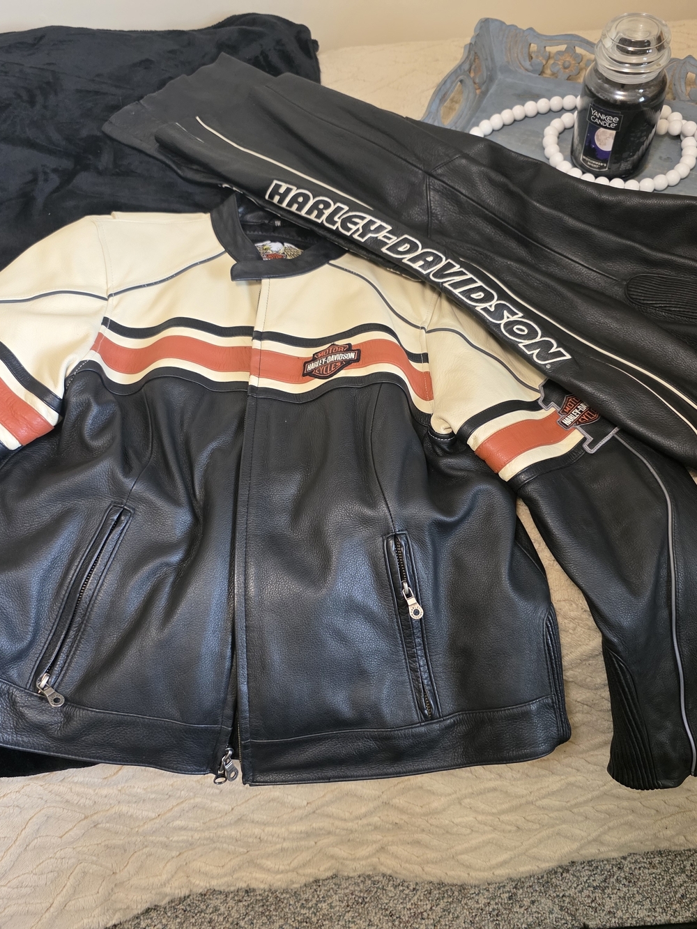 Harley-Davidson Black, Cream & Orange Leather Bomber Jacket And Matching Chaps